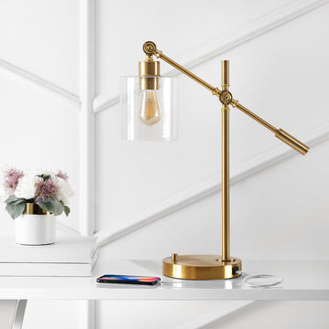 Kathryn Classic 23" Iron/Seeded Glass Adjustable Head Modern USB Charging LED Task Lamp - JONATHAN Y